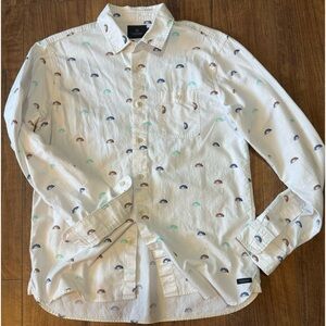 Scotch & Soda men’s casual button down with a sunset motif in multi colors